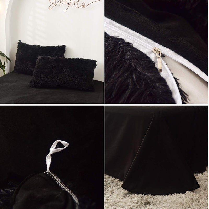 MorroMorn 5 PCS Shaggy Duvet Cover Bedding Set - Fluffy Comforter Cover Long Faux Fur Luxury Ultra Soft Cozy (Black, Full/Queen) - Image 4